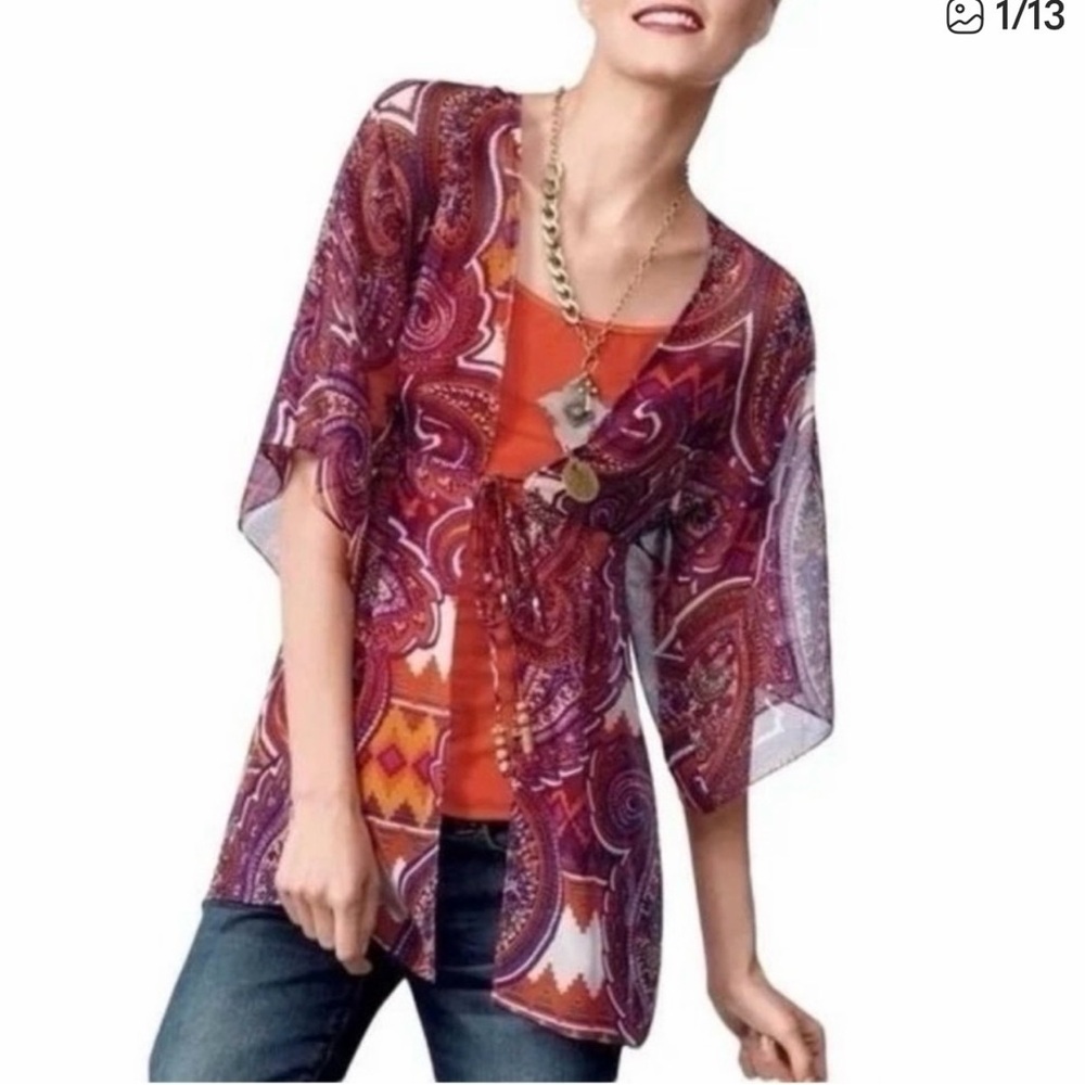 CAbi #841 & #5935 Multicolor Paisley Sheer Kimono and tank top